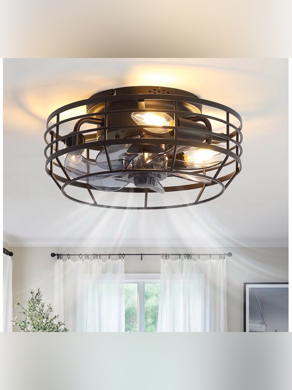 Farmhouse Caged Small Ceiling Fan with Light, Bladeless Flush Mount Remote 12 in